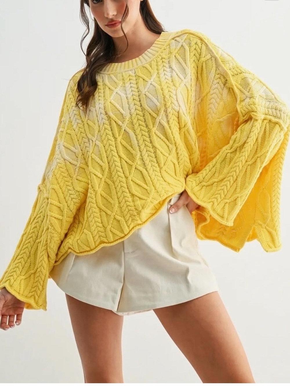 Free People Washed Ashore Oversized Yellow Cable Knit Fisherman Sweater - Picture 2 of 11